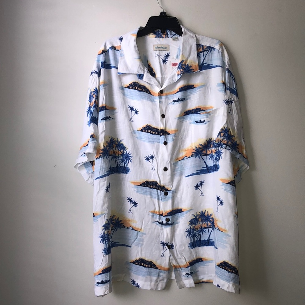 Caribbean White Short Sleeve Button Hawaiian Shirt size 4XB Big Man